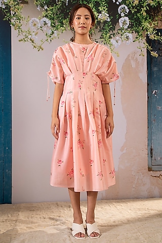 Summer Pink Embroidery Floral Mulberry Silk Midi Dress Women