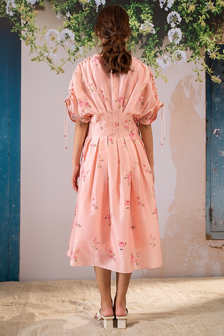 Pink Silk Chanderi Digital Printed Box Pleated Summer Dress by Arcvsh by Pallavi Singh at Pernia's Pop Up Shop