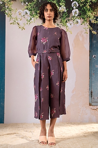 Lavender Linen Digital Printed Jumpsuit With Belt by Arcvsh by Pallavi Singh