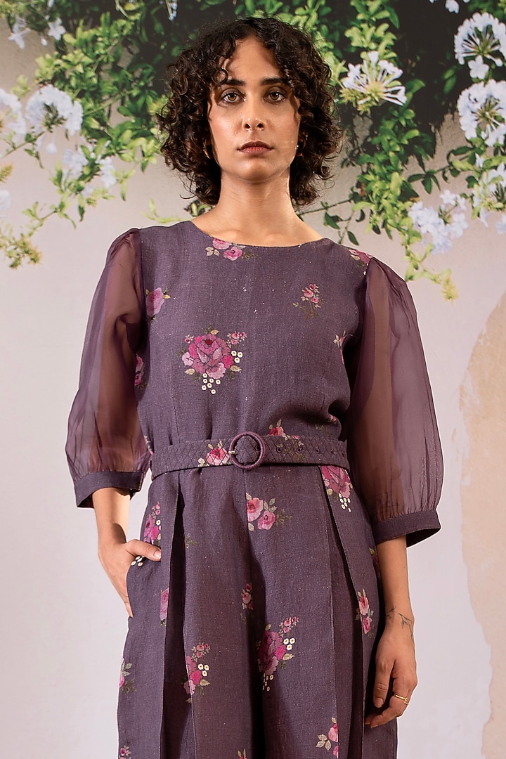 Lavender Linen Digital Printed Jumpsuit With Belt by Arcvsh by Pallavi Singh at Pernia's Pop Up Shop