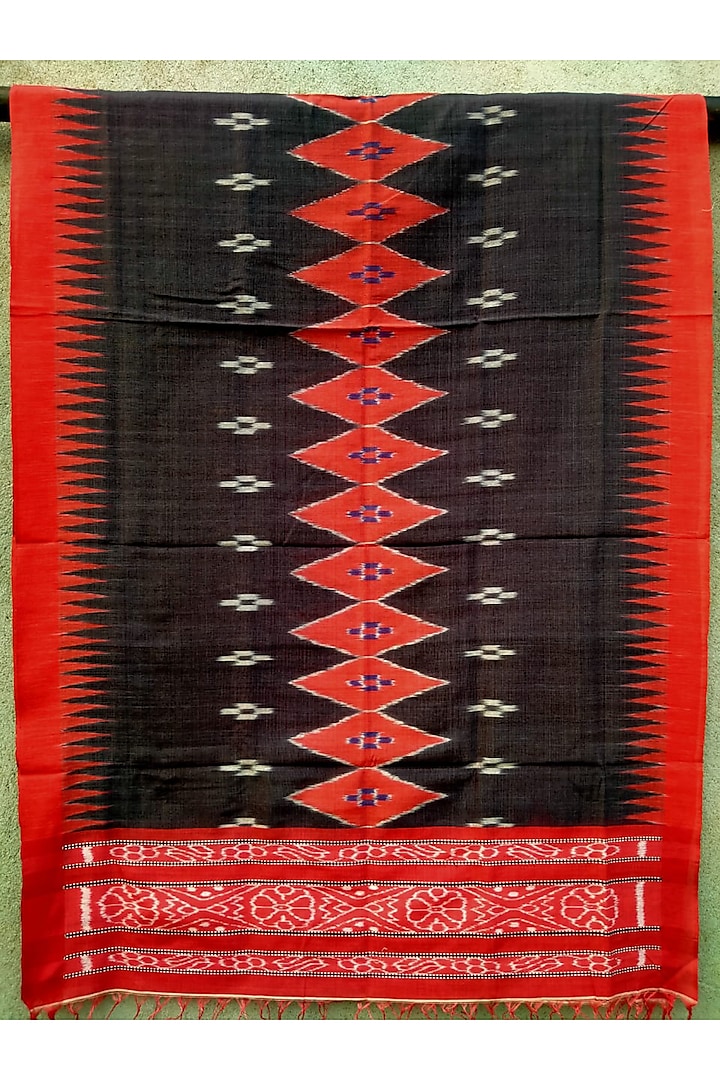 Black & Red Handwoven Tie-Dye Dupatta by Abhiram Das