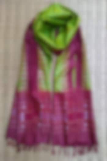 Lime Green & Maroon Handwoven Tie-Dye Dupatta by Abhiram Das