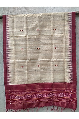 Nude & Maroon Hand Woven Tie-Dye Dupatta by Abhiram Das