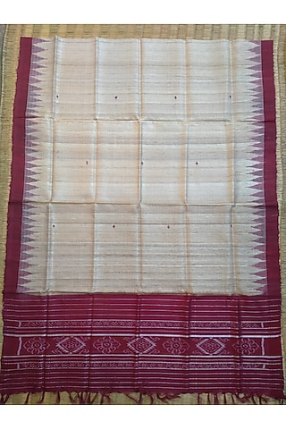 Nude & Maroon Handwoven Weft Motifs Dupatta by Abhiram Das