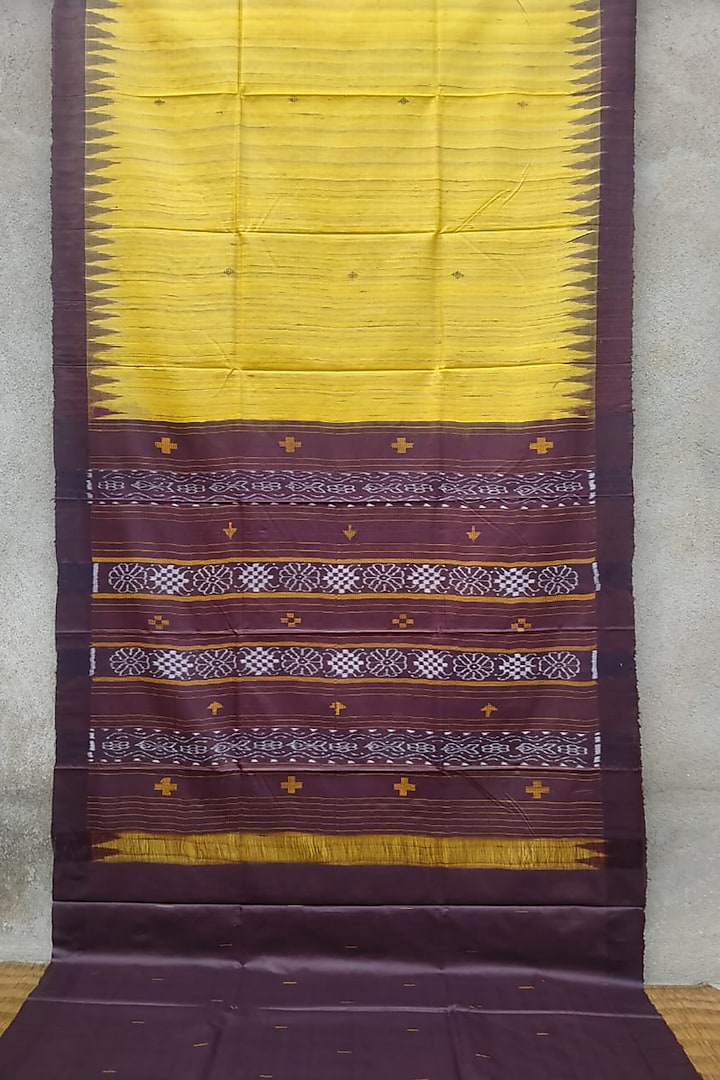 Yellow & Brown Handwoven Saree by Abhiram Das