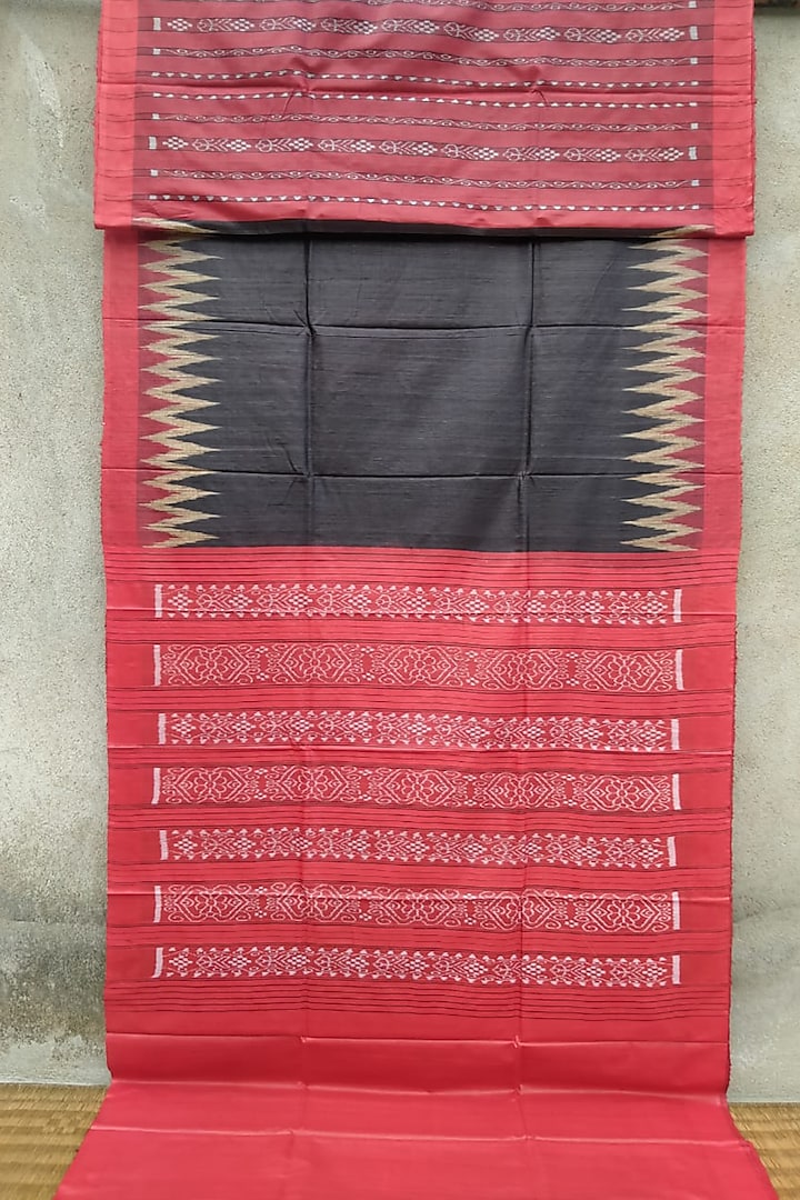 Black & Red Handwoven Tie-Dye Saree by Abhiram Das