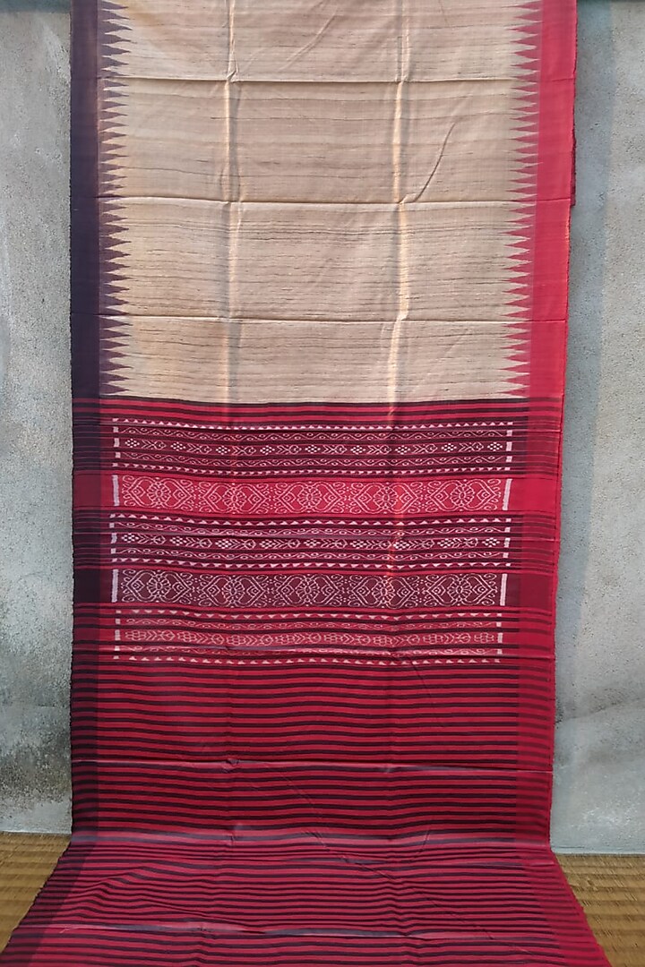 Beige & Red Handwoven Tie-Dye Saree by Abhiram Das