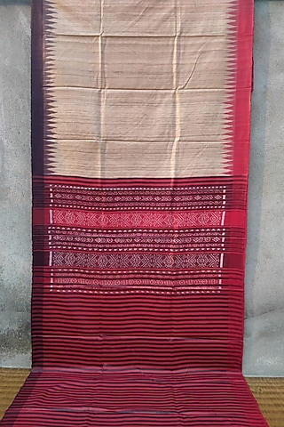 Beige & Red Handwoven Tie-Dye Saree by Abhiram Das