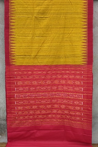 Yellow & Red Handwoven Tie-Dye Saree by Abhiram Das