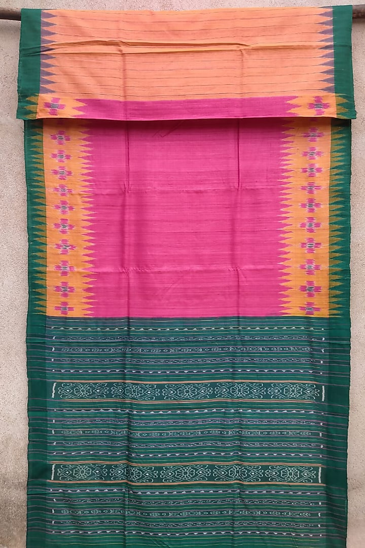 Blush Pink & Emerald Green Handwoven Tie-Dye Saree by Abhiram Das