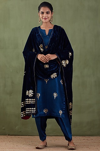 Dark Navy Blue Printed Shawl by Abbaran