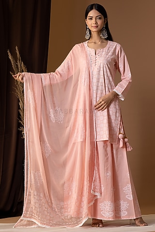 Old Rose Pink Khadi Printed Gharara Set by Abbaran