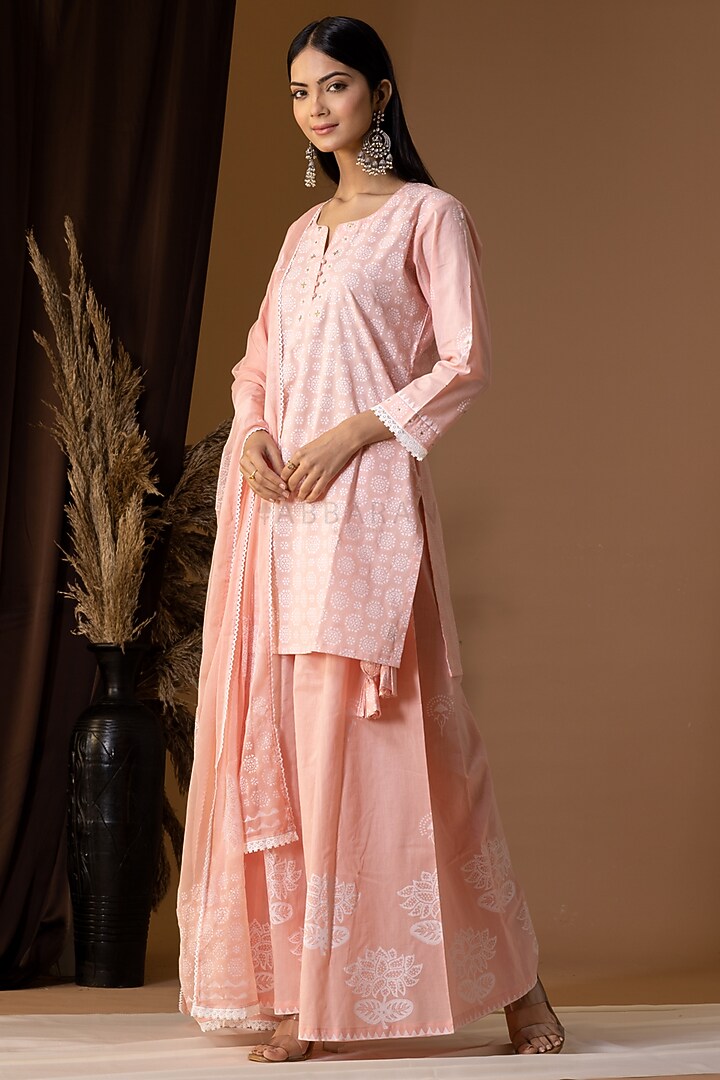 Old Rose Pink Khadi Printed Gharara Set by Abbaran at Pernia's Pop Up Shop