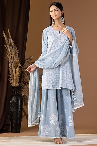 Powder Blue Pink Khadi Printed Gharara Set by Abbaran