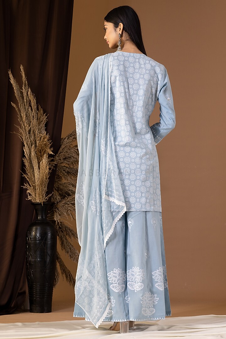 Powder Blue Pink Khadi Printed Gharara Set by Abbaran at Pernia's Pop Up Shop