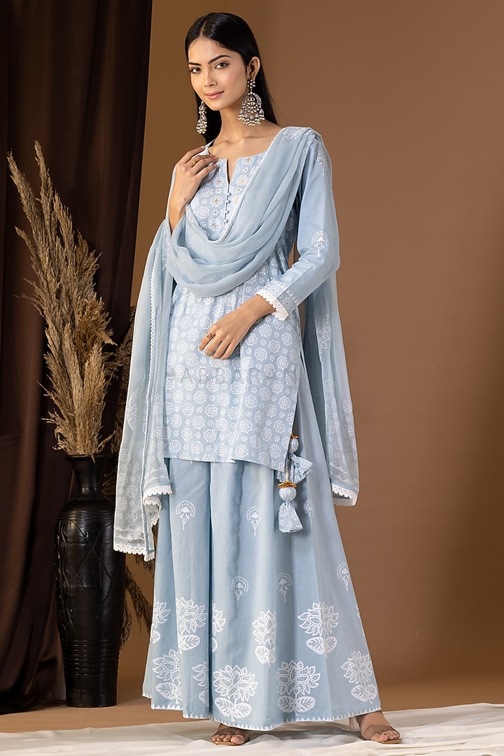 Powder Blue Pink Khadi Printed Gharara Set by Abbaran at Pernia's Pop Up Shop