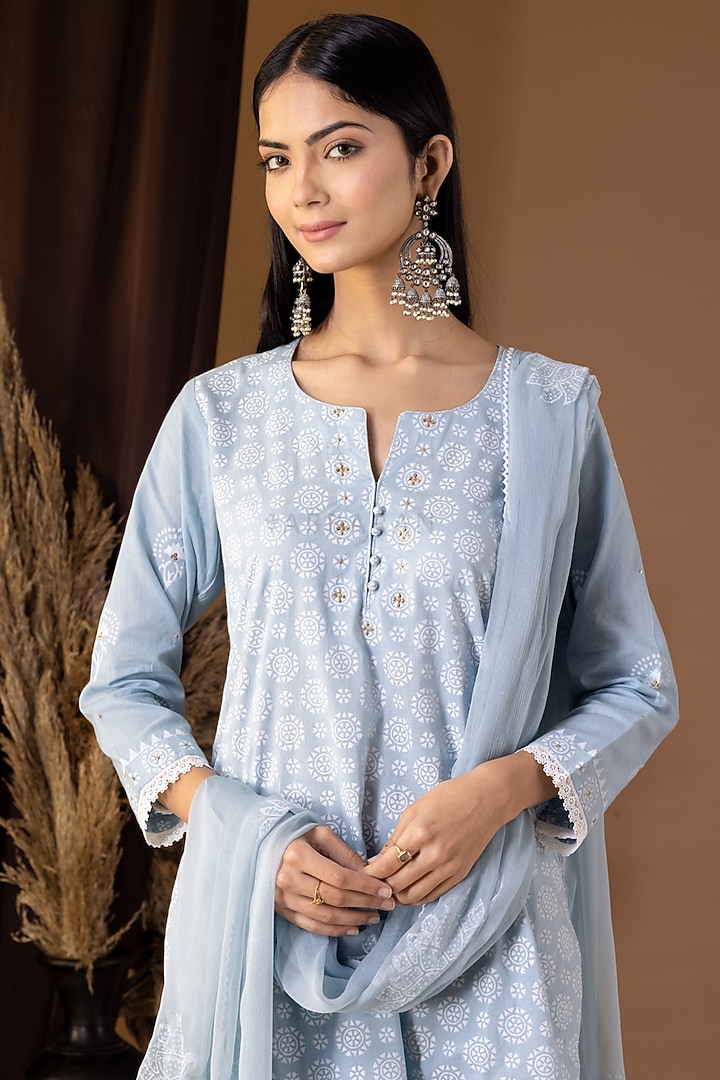 Powder Blue Pink Khadi Printed Gharara Set by Abbaran at Pernia's Pop Up Shop