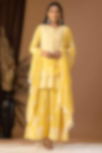 Yellow Pink Khadi Printed Gharara Set by Abbaran at Pernia's Pop Up Shop