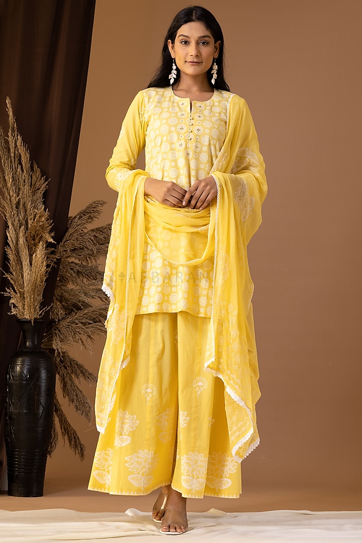 Yellow Pink Khadi Printed Gharara Set by Abbaran at Pernia's Pop Up Shop