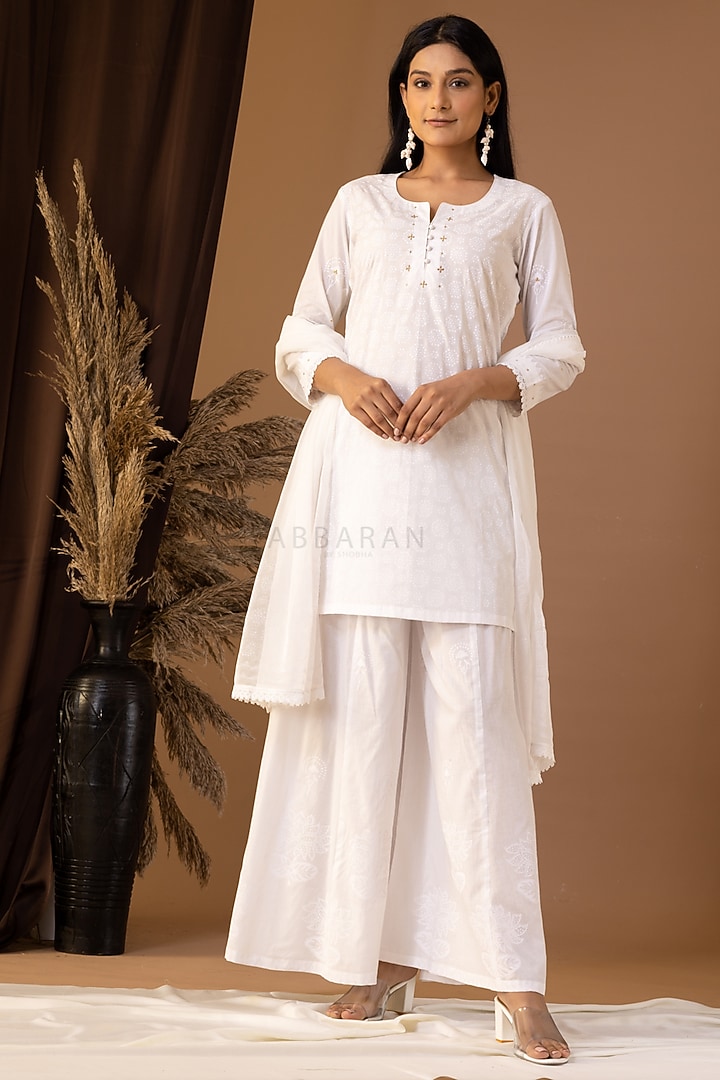 White Pink Khadi Printed Gharara Set by Abbaran at Pernia's Pop Up Shop