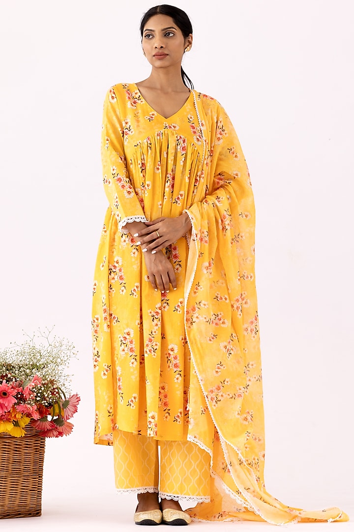 Mustard Yellow Cotton Cambric Printed Kurta Set by Abbaran