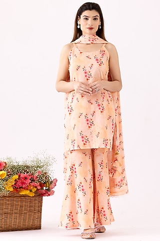 Peach Cotton Digital Printed Gharara Set by Abbaran