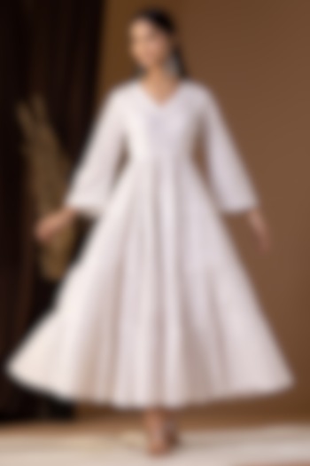 White Khadi Printed Long Dress by Abbaran