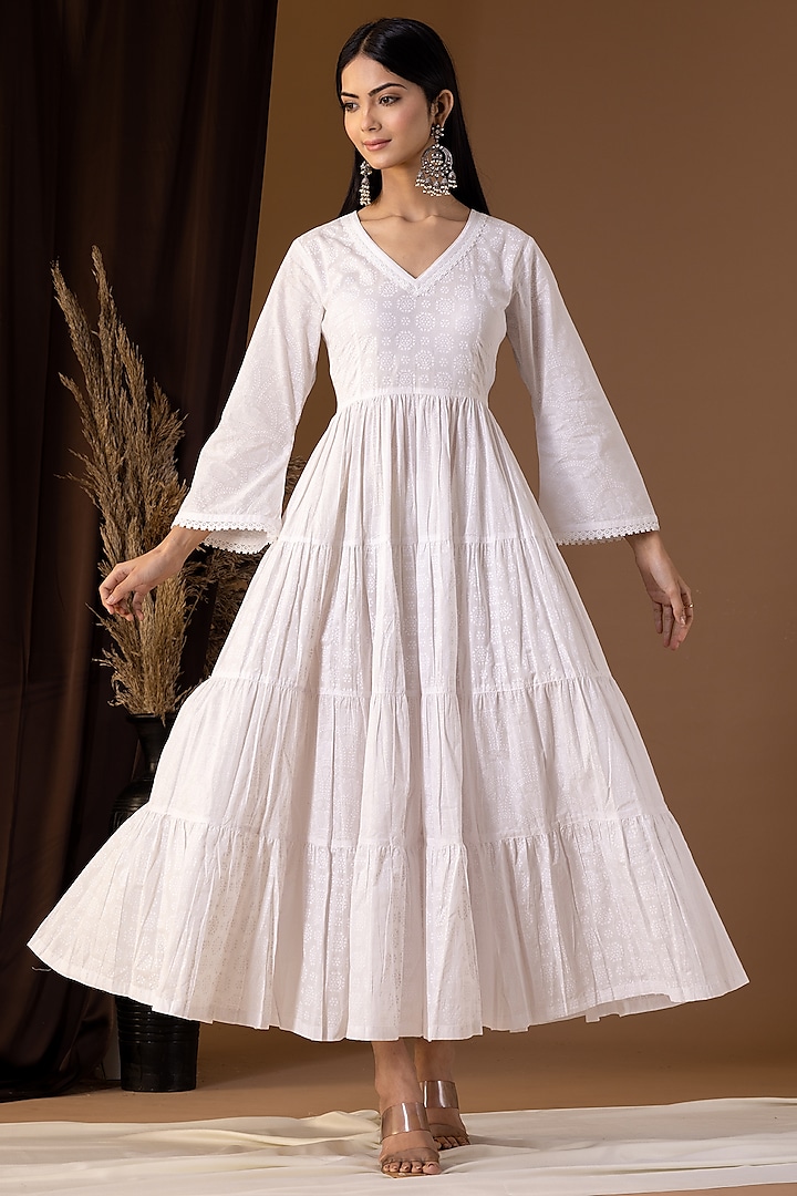 White Khadi Printed Long Dress by Abbaran