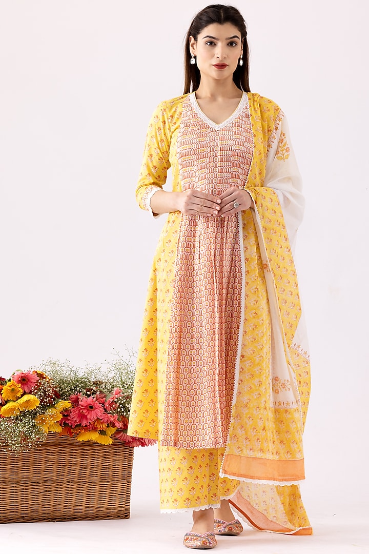Mustard Yellow Cotton Cambric Block Printed Anarkali Set by Abbaran
