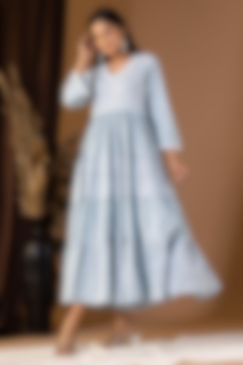 Powder Blue Khadi Printed Long Summer Dress by Abbaran at Pernia's Pop Up Shop