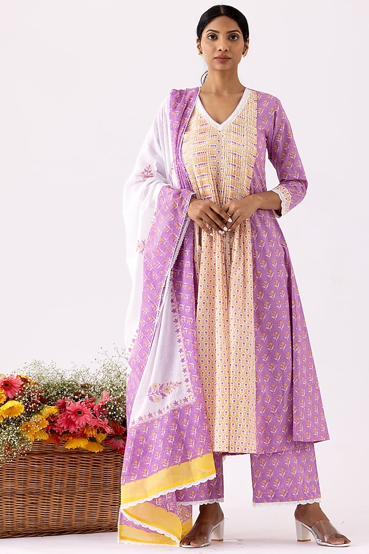 Lilac Cotton Cambric Block Printed Anarkali Set by Abbaran