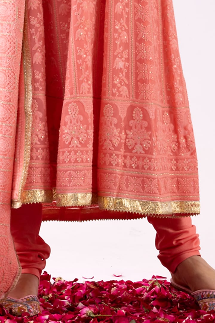 Pink Georgette Chikankari Party Wear Anarkali Set by Abbaran at Pernia's Pop Up Shop