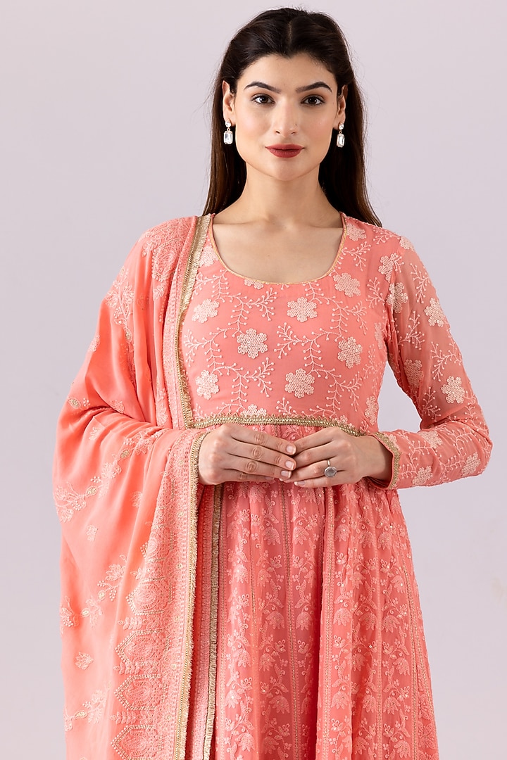 Pink Georgette Chikankari Party Wear Anarkali Set by Abbaran at Pernia's Pop Up Shop