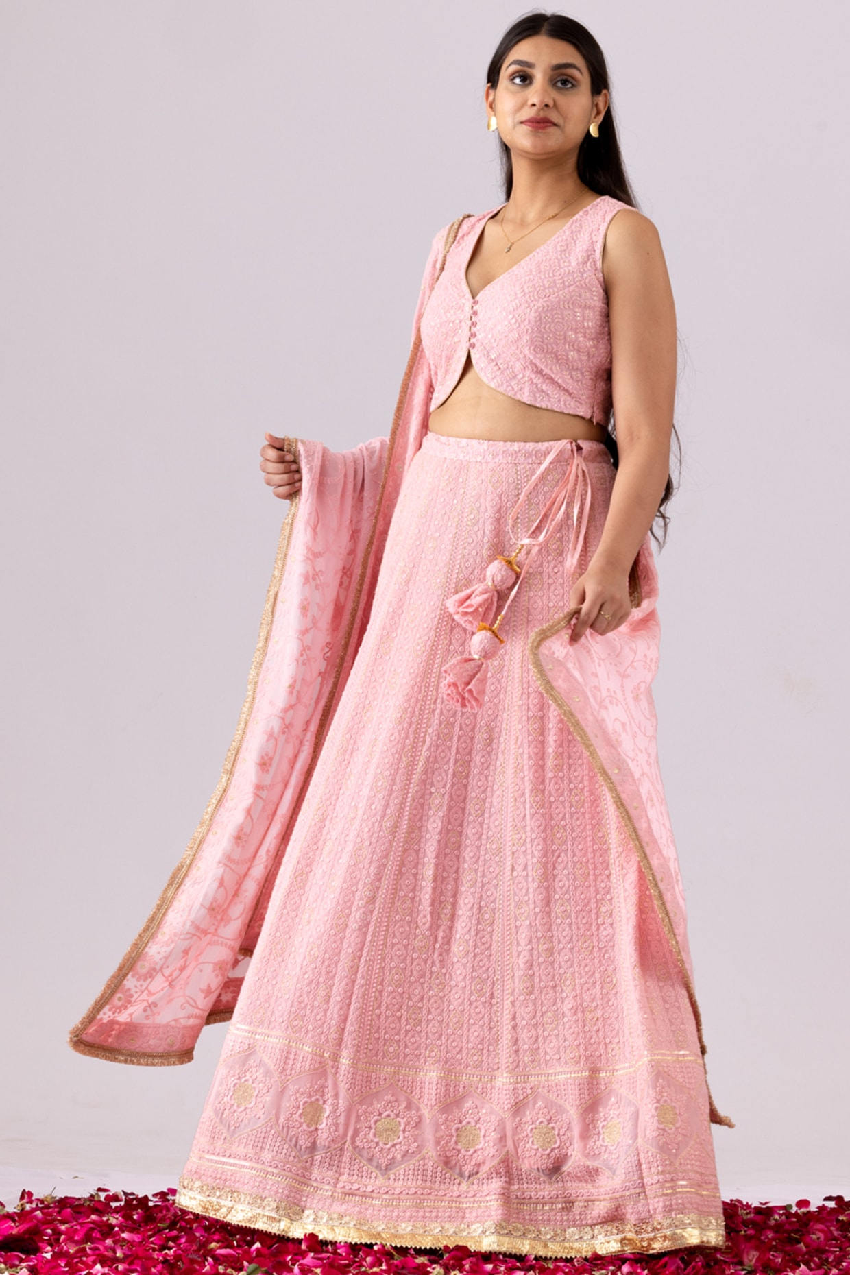 Sweet Peach Chikan Lehenga Set with Coloured Embroidered Blouse and Silver  Embellishments - Seasons India