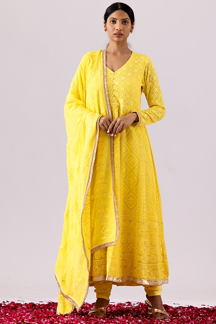 Lemon Yellow Georgette Chikankari Anarkali Set by Abbaran