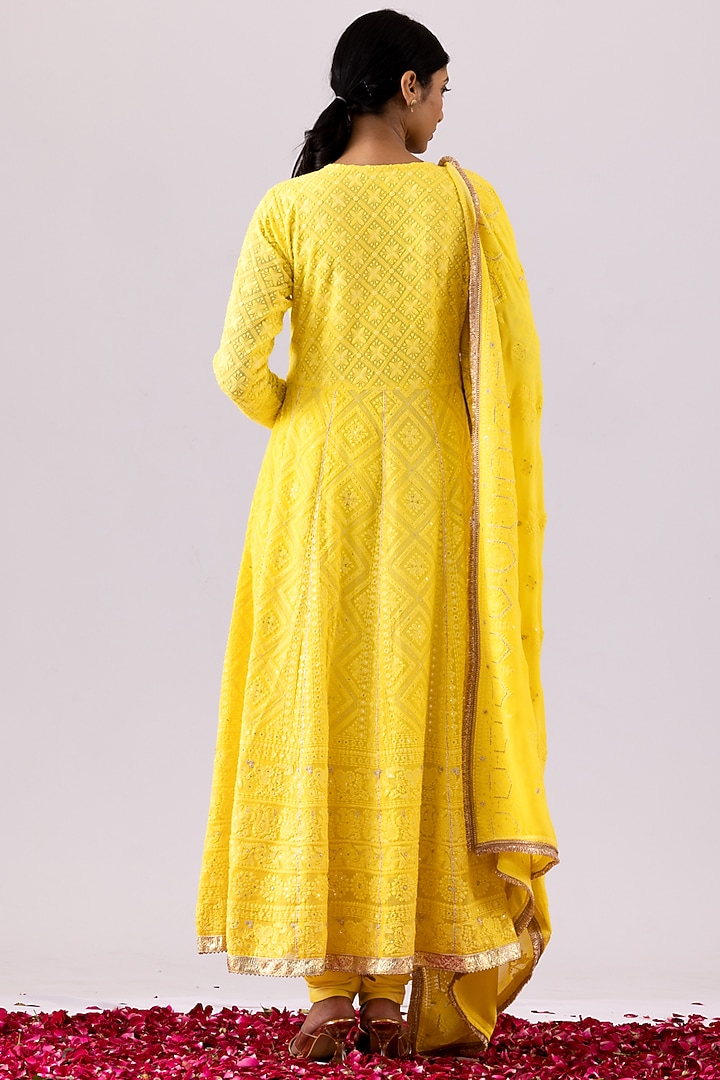 Lemon Yellow Georgette Chikankari Party Wear Anarkali Set by Abbaran at Pernia's Pop Up Shop