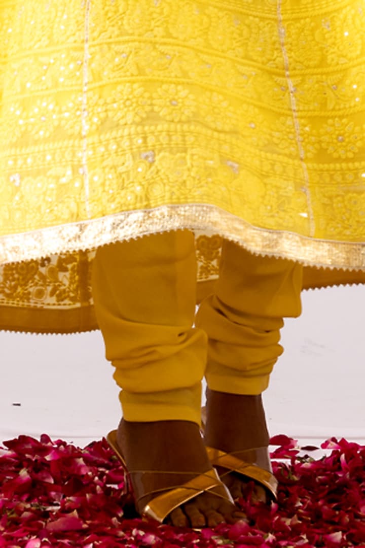 Lemon Yellow Georgette Chikankari Party Wear Anarkali Set by Abbaran at Pernia's Pop Up Shop