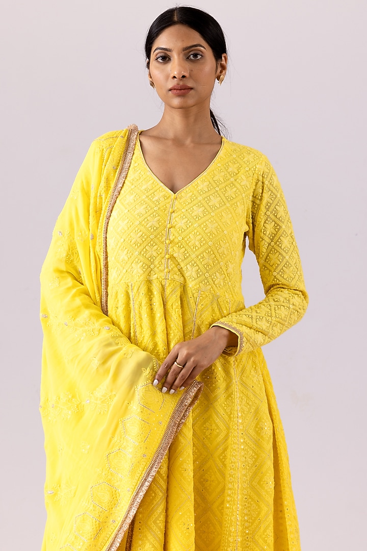 Lemon Yellow Georgette Chikankari Party Wear Anarkali Set by Abbaran at Pernia's Pop Up Shop