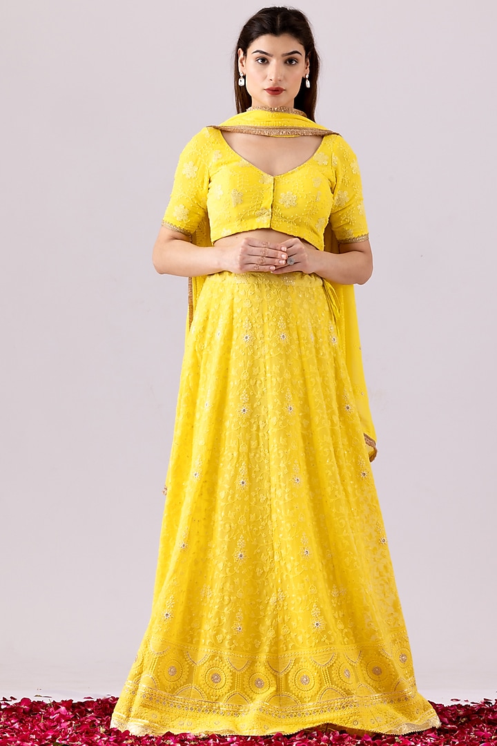 Lemon Yellow Georgette Chikankari Lehenga Set by Abbaran