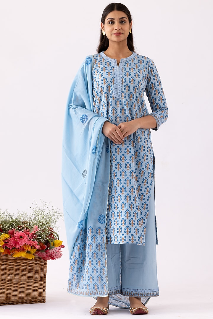 Powder Blue Cotton Cambric Hand Block Printed Kurta Set Design by