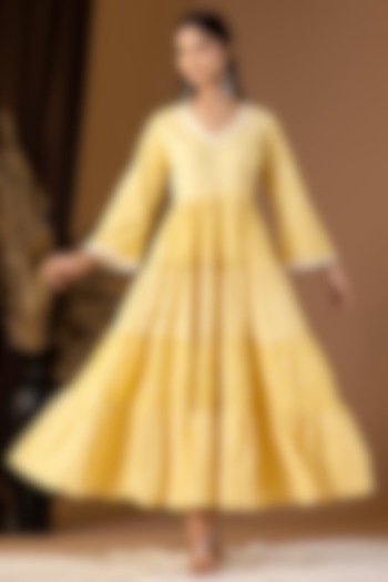 Yellow Khadi Printed Long Dress by Abbaran