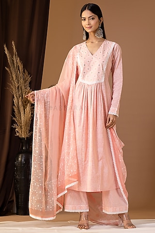 Old Rose Pink Khadi Printed Kurta Set by Abbaran