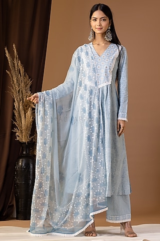 Powder Blue Khadi Printed Kurta Set by Abbaran