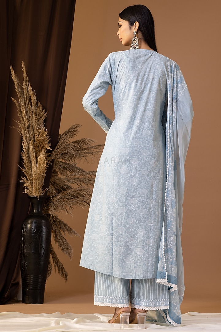 Powder Blue Khadi Printed Kurta Set by Abbaran at Pernia's Pop Up Shop