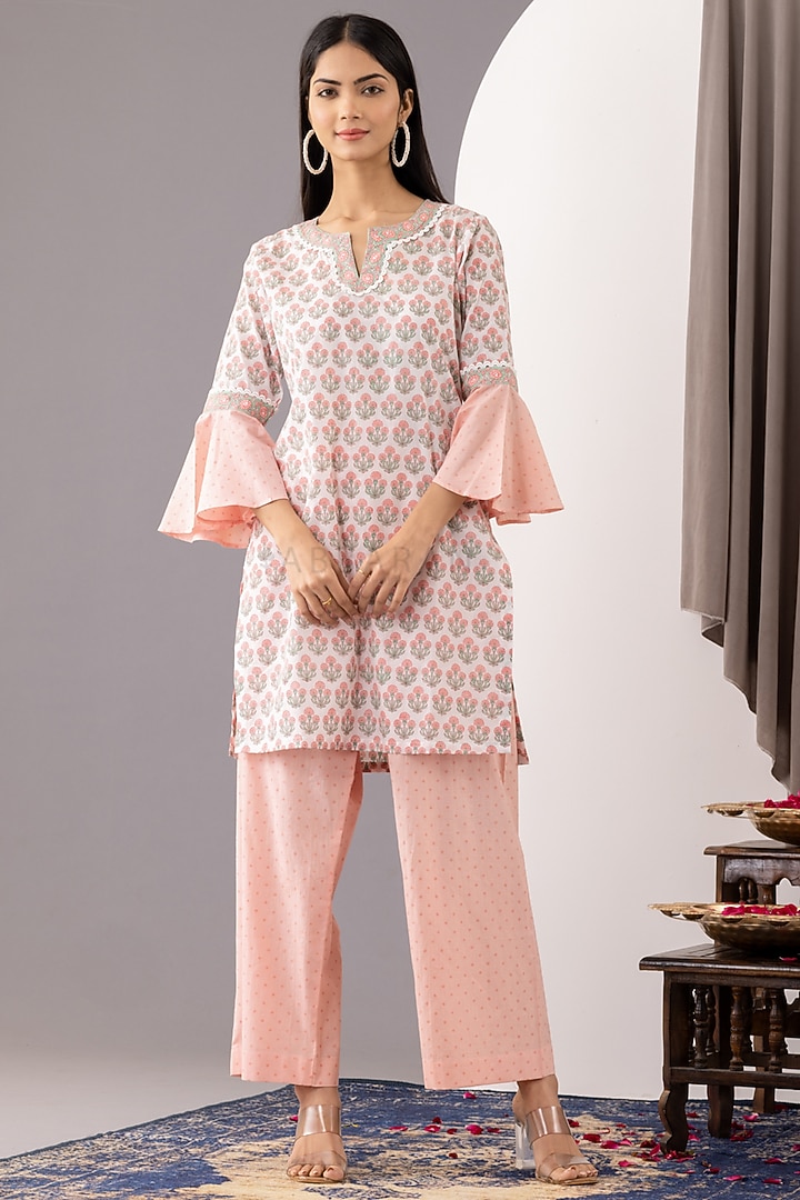 Old Rose Pink Cotton Hand Block Printed Kurta Set by Abbaran at Pernia's Pop Up Shop