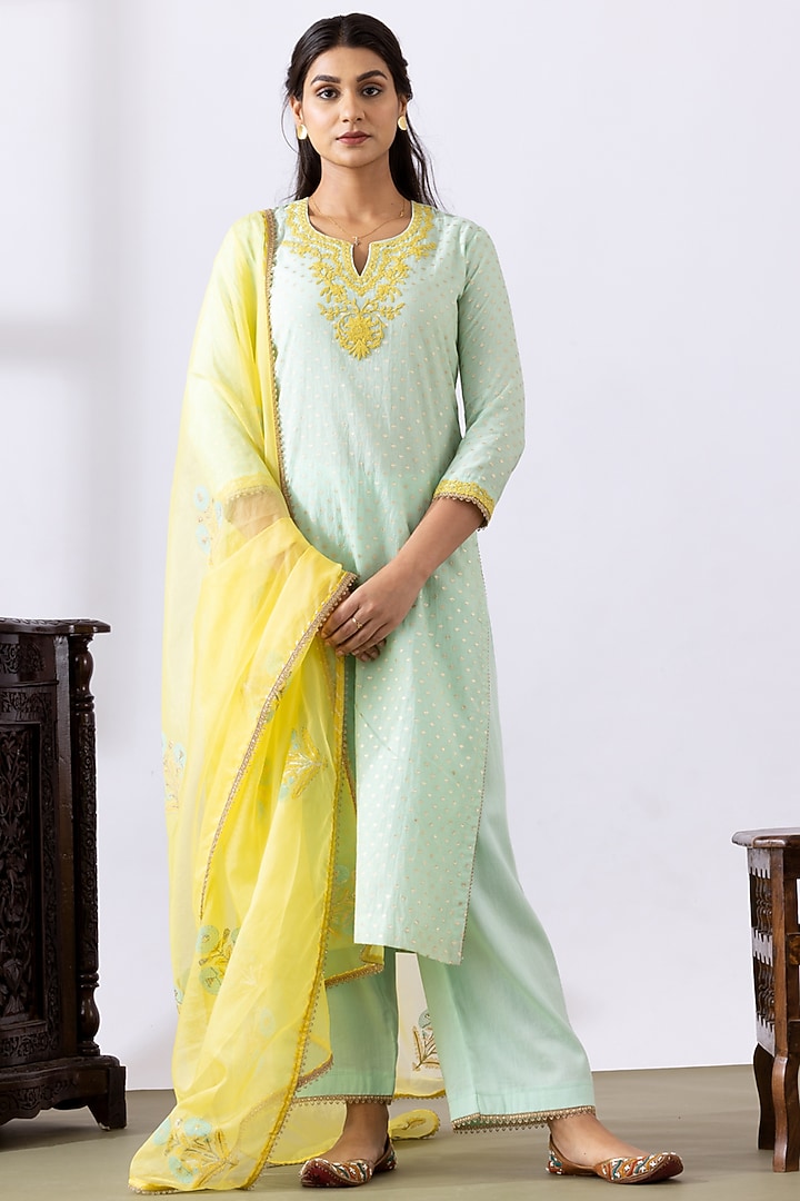 Sea Green Banarasi Chanderi Embroidered Kurta Set by Abbaran at Pernia's Pop Up Shop