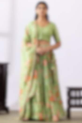 Pista Green Chanderi Digital Printed Lehenga Set by Abbaran at Pernia's Pop Up Shop