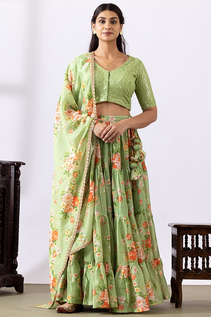 Pista Green Chanderi Digital Printed Lehenga Set by Abbaran at Pernia's Pop Up Shop