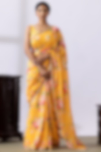Mustard Yellow Chanderi Printed & Embroidered Pre-Stitched Saree Set by Abbaran