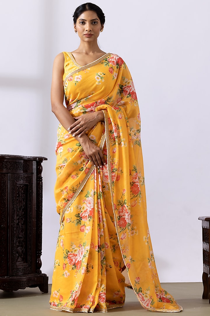 Mustard Yellow Chanderi Printed & Embroidered Pre-Stitched Saree Set by Abbaran